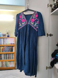Embroidered Navy Midi Dress