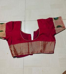 Red Sari Blouse with Embroidered Sleeves