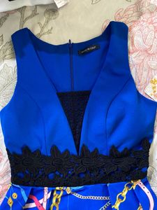 Classic Solid Blue Printed Mini Flare Dress