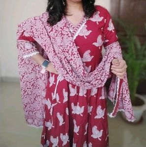 Beautiful Red Anarkali With Plazo Pant And Dupatta