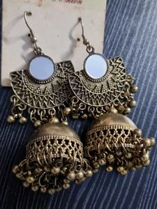 Oxidized Mirror Work Jhumka Earrings