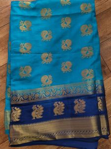 Teal & Navy Peacock Saree With Blouse.