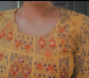Mustard Block Print Kurti with Mirror &amp; Thread Emb