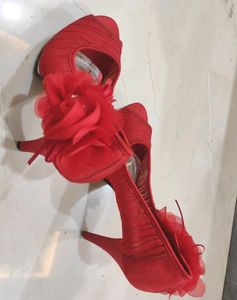 Red Pencil Heels With Flower Patch