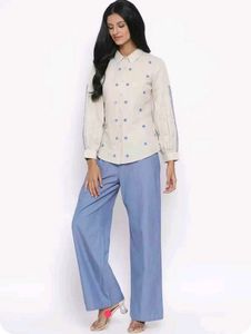 ROOTED Women Off-White Embroidered Shirt Style Top