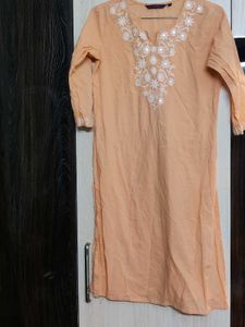 Elegant Peach Cotton Kurti with White Floral Embro
