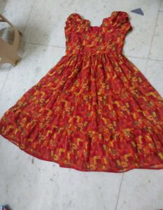 New Stitched 3 Layer Red Abstract  Dress