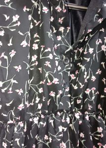 Black Floral Print Chiffon Top with Puff Sleeves