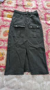 Olive Denim Skirt with Pockets