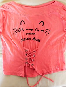 Peach Colour Cat Graphic Lace-up Top