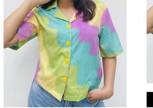 Women Block Cut Away Collar Multicolor Shirt