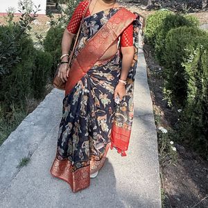Kalamkari Organza Blue Boarder Saree