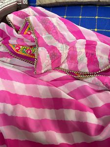 Pink &amp; White Leheriya Saree