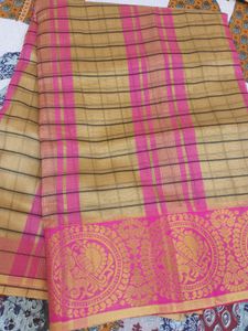 Golden yellow and Pink cotton silk saree With Zari