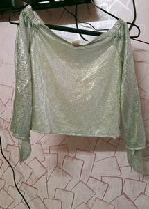 Shiny Silver Off-Shoulder Top