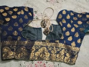Blue &amp; Gold Sari With Designer Blouse