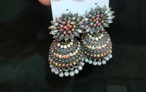 White kundan work Oxidised jhumka