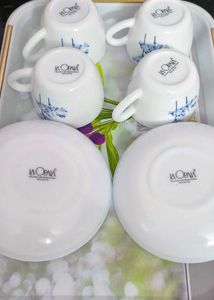 LaOpala Glass Cup  Saucer - Set of 9pcs, White,