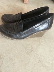 Leather High Heel Black Wedges - size 40