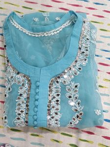Blue Lucknowi Chikkanari Mirror Work Kurta