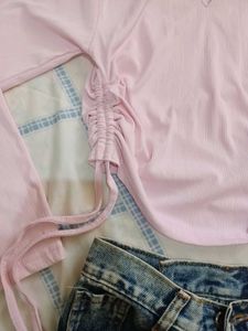 Light pink Collared Top with Adjustable Drawstring
