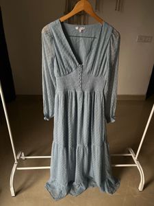 V-neck Powder Blue Maxi with Smocked detailing