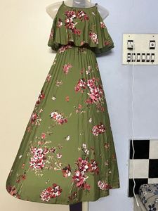 Sassafras Olive Floral Strappy Pleated Maxi Dress