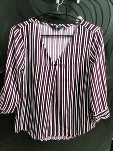 Elegant Maroon &amp; White Vertical Striped V-Neck Top