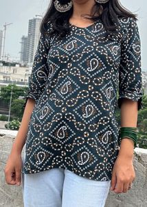 Printed Dark Green Short Kurti