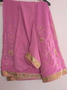 Pink Georgette Saree With Golden Embroidery