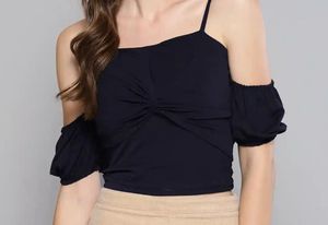 Navy Blue Bardot Crop Top with Bow | Sleeveless |