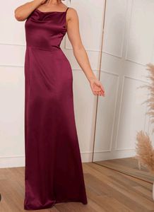 Wine Coloured Cowl Neck Satin Dress