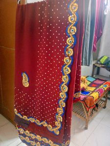 Maroon &amp; Gold Embroidered Saree