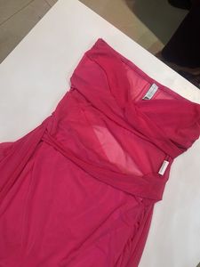 Bold Hot Pink Strapless Cutout Gown with Draped Tu