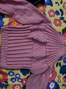 Pink Knit Sweater with Sheer Sleeves