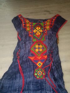 A-line Long Embroidered Kurta With Pompom Latkn