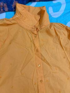 Orange Embroidered Button-Down Shirt(loose Fit)
