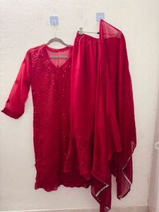 Red Chikankari Set Of 3