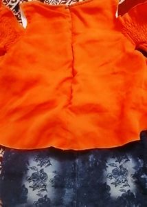 Cute Orange Top &amp; Denim Skirt Set