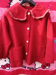 Red Cardigan Coat  with Fringed Collar