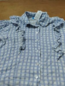 Blue &amp; White Gingham Ruffle Blouse