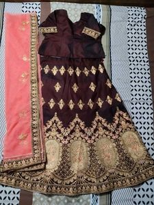 Semi Stitched Maroon Lehenga Set