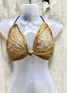 I. Gold Floral Bikini Top