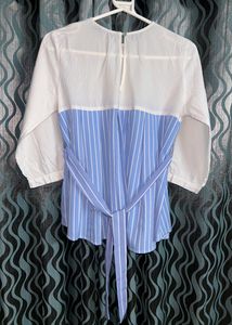Sassafras Women Blue Striped Cinched Waist Top
