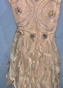 White Party Wear Designer Dress with Beads & Flora