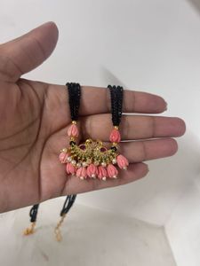 Black Bead & Pink Stone Necklace