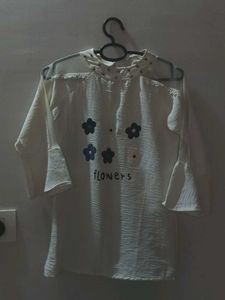 Office White High Necked Net Top With Floral Sleev