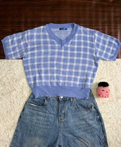 Blue Plaid Knit Top