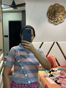 Blue And Pink Stripe Top With Side Button