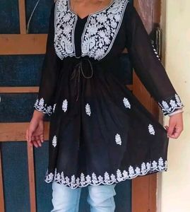 Black Embroidered Boho Tunic Dress Of Size S